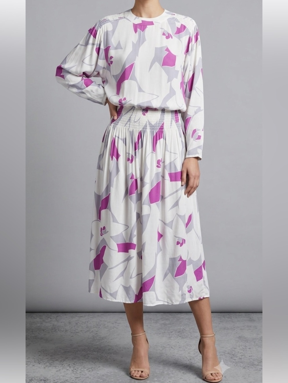 Vintage Tom D'Auria Abstract Smocked Rayon Midi Dress sz M